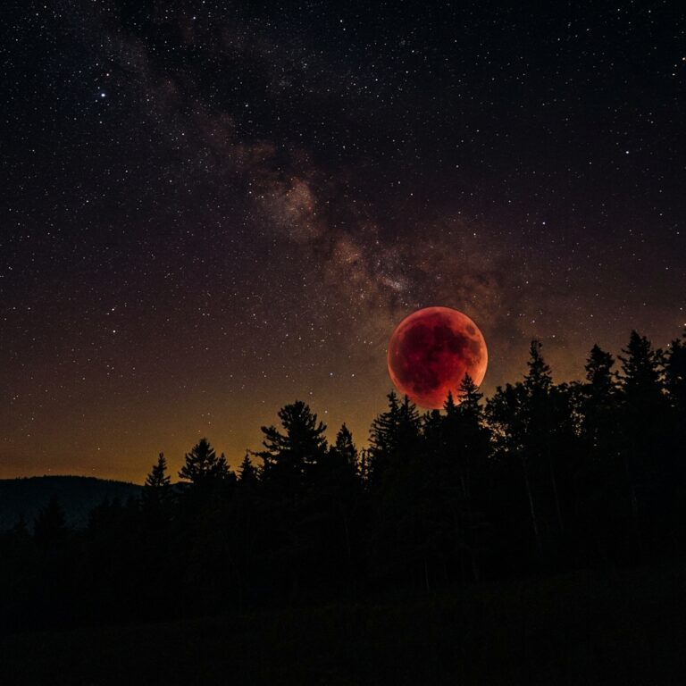Copper-red eclipsed moon rising over a dark pine forest beneath the Milky Way, the kind of sky that inspired jaguar and demon myths in eclipse lore