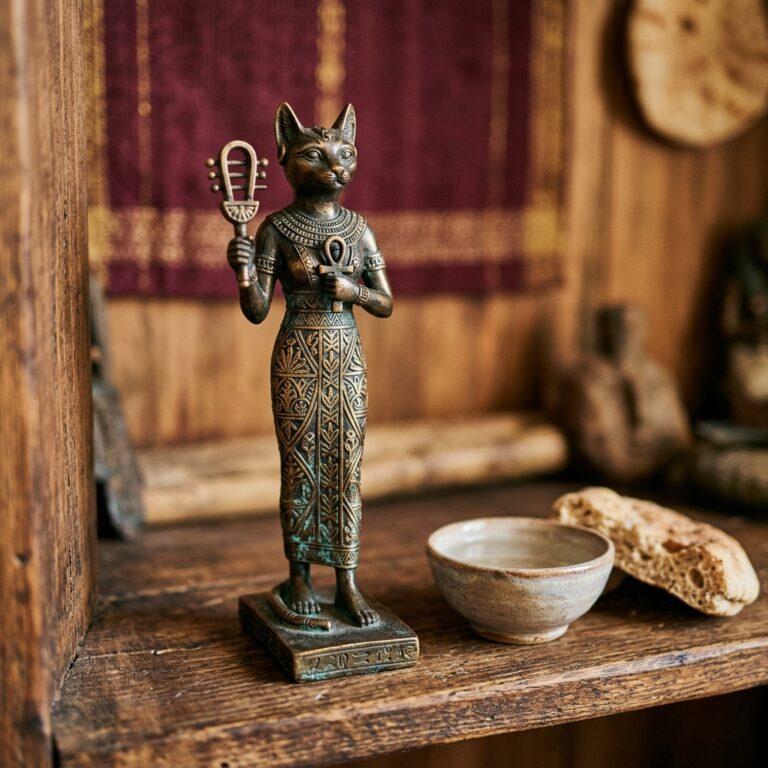 Bronze statuette of Bastet, the Egyptian god of cats, shown cat-headed and holding a sistrum and an ankh on a wooden shelf beside a bowl of water and flatbread