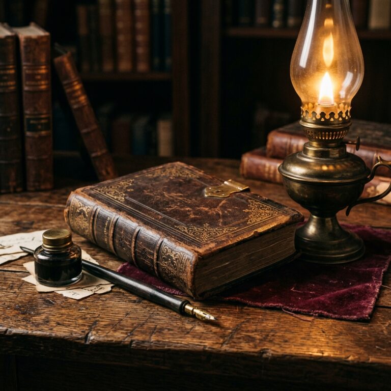 A clasped leather-bound book, a dip pen and inkwell, and a lit brass oil lamp on a worn wooden desk, evoking the 19th-century New Thought writers behind modern ideas of manifestation not working because of hidden beliefs