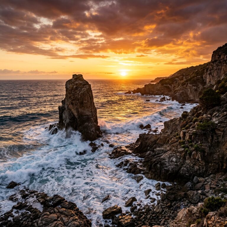 Rocky coastline at sunset with waves breaking into white foam around a tall sea stack, like the Cypriot shore where Aphrodite was said to rise from the sea