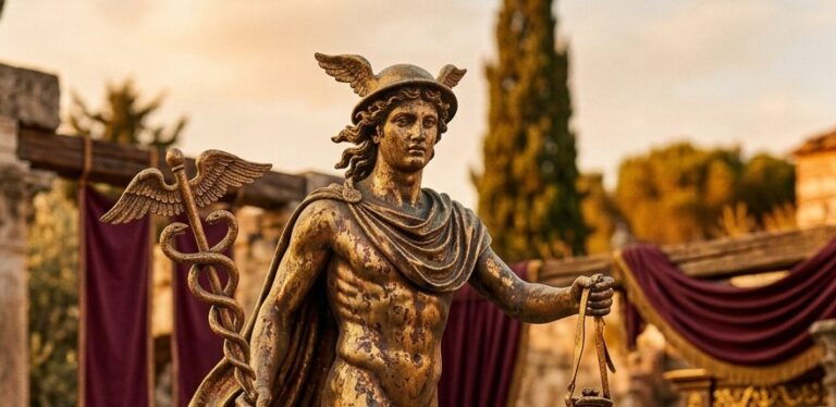 Gilded bronze statue of the god Mercury in a winged cap and draped cloak, holding a winged caduceus, set among Roman columns and burgundy banners at sunset