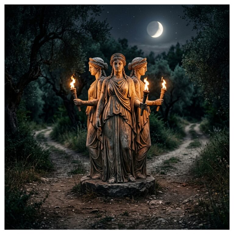 Ancient-style marble statue of triple-bodied Hecate, three robed figures holding lit torches, standing where dirt paths meet under a crescent moon