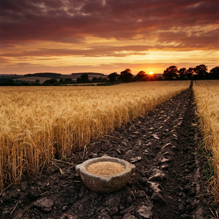 Golden wheat field at sunset beside dark ploughed soil and a small stone offering bowl of grain, evoking the earth goddess and harvest deities