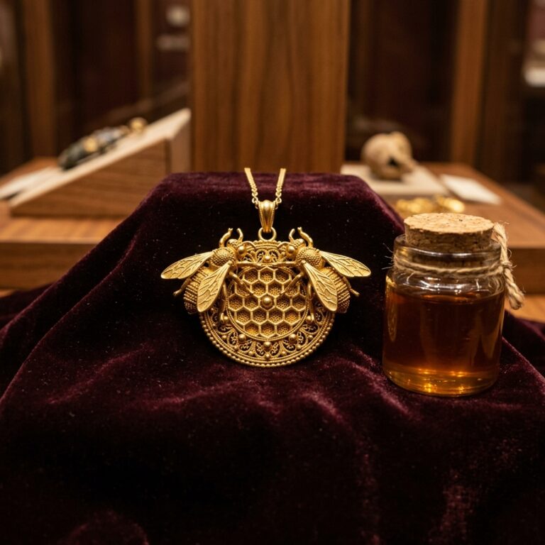Gold replica of the Minoan bee pendant from Malia, two bees flanking a round honeycomb on a gold chain, displayed on burgundy velvet beside a corked jar of honey, a treasure of Greek bee mythology