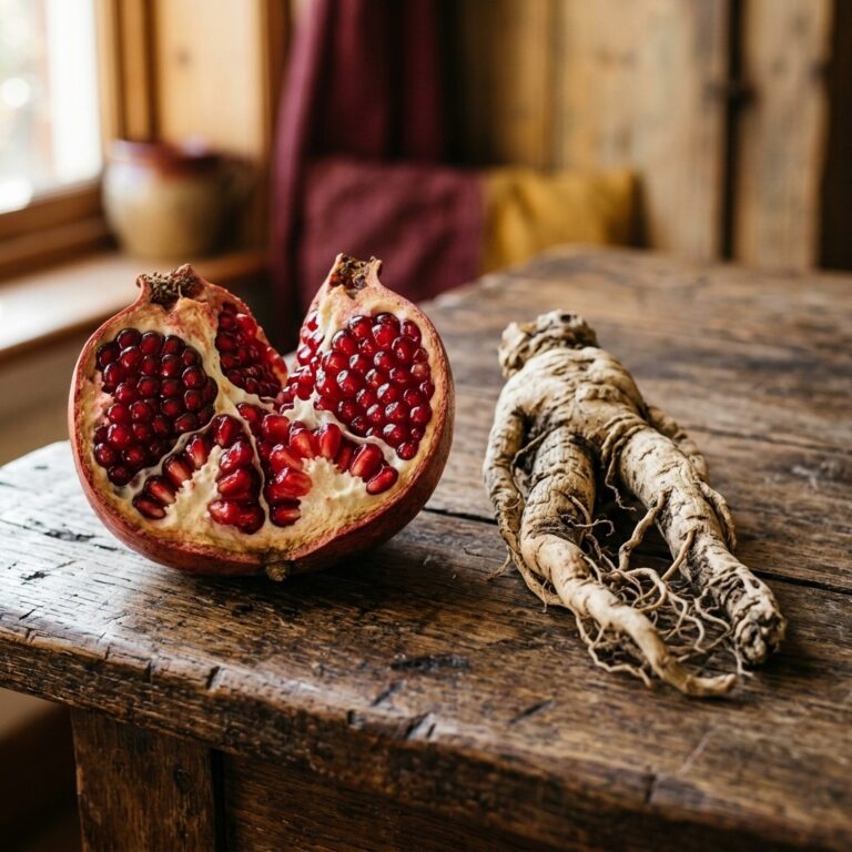 A split pomegranate full of red seeds beside a forked mandrake root on a wooden table, two plants long linked to fertility