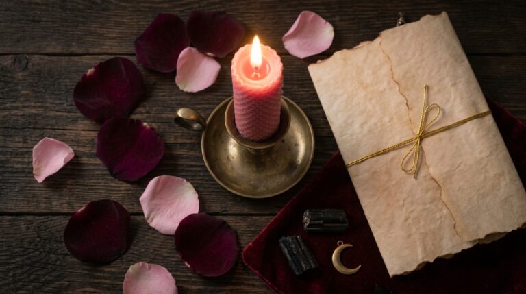 A lit candle and love spell ingredients arranged calmly on a wooden altar