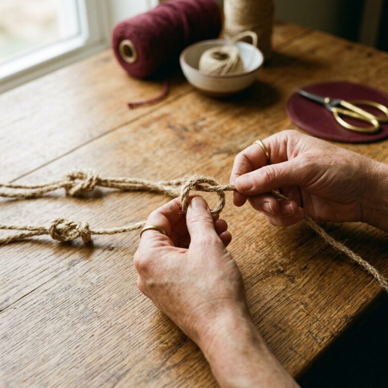 Hands tying the third of three knots in a length of natural cord on a wooden table, a simple knot spell for beginners