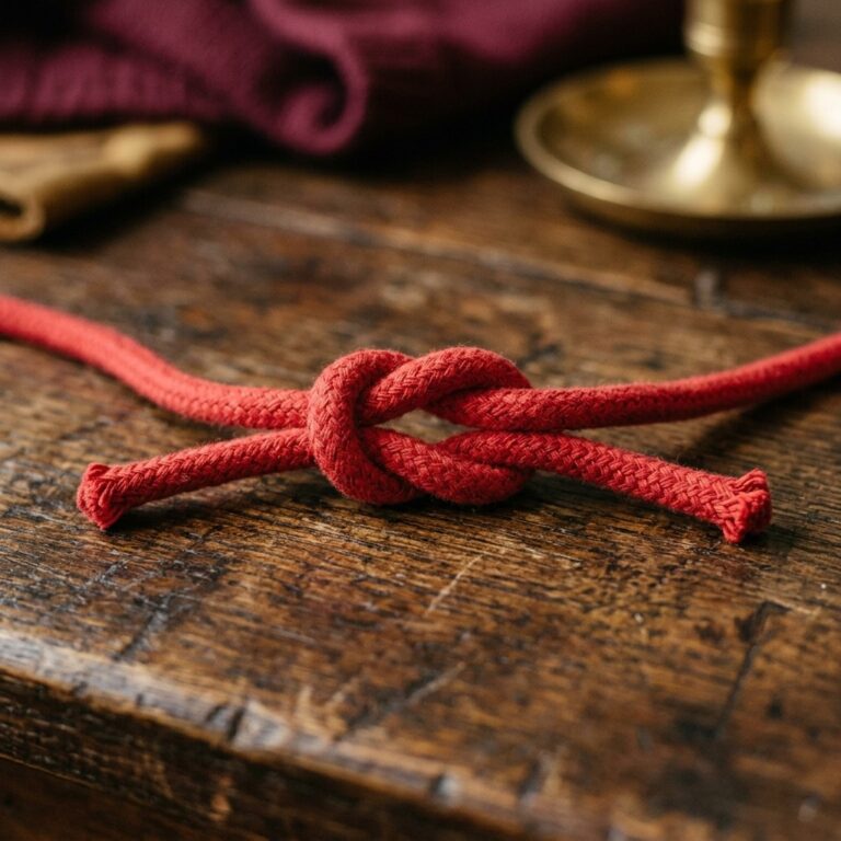 Close-up of a firm square knot tied in red cotton cord on a wooden table, the kind of knot that keeps a knot spell from slipping