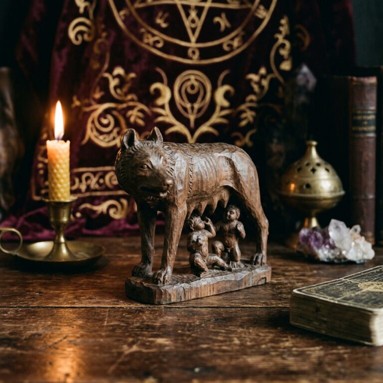 Carved wooden figure of a she-wolf nursing two infant twins beside a lit beeswax candle, the Roman founding image of wolf deities as loyal protectors