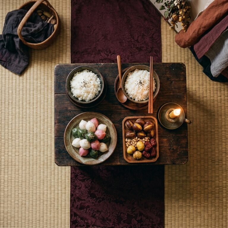 Overhead view of a low wooden table with colorful half-moon songpyeon rice cakes, bowls of new rice, chestnuts, jujubes and a candle, a Chuseok-style ancestor offering that echoes Mabon traditions
