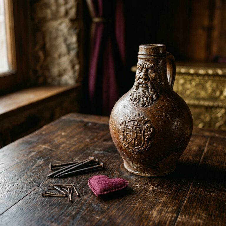 Old brown stoneware jug with a bearded face on its neck beside rusty iron nails and a small felt heart, the witch bottle ancestor of how to make a spell jar today