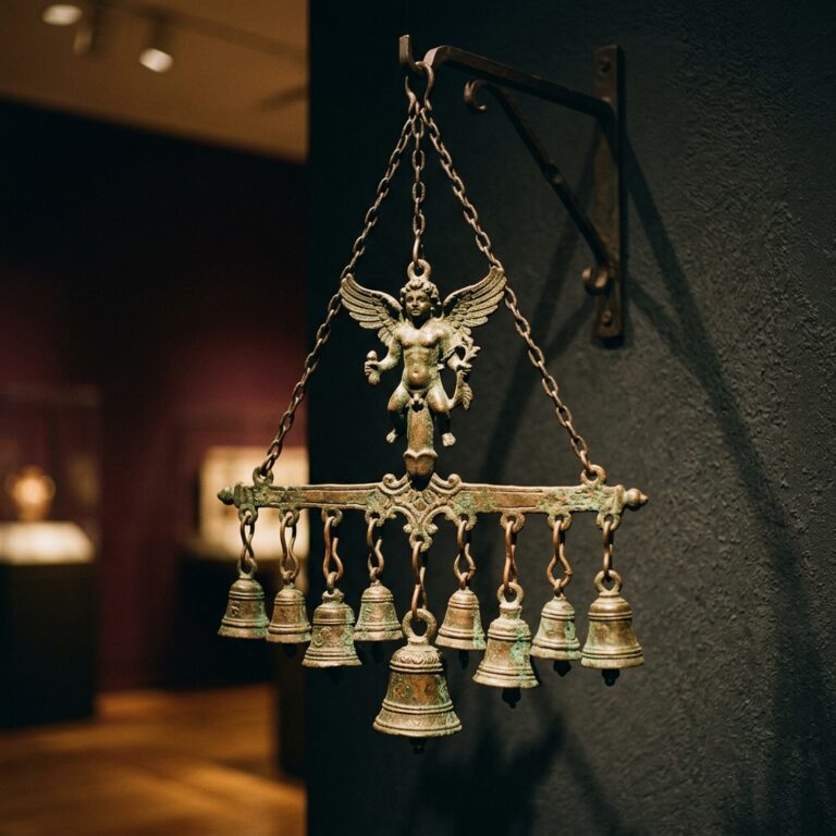 Weathered bronze wind chime with a winged figure above a row of small hanging bells, in the style of the Roman charms that were early ancestors of witch bells for protection