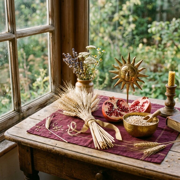 Summer altar by a garden window with a brass sun ornament, a wheat bundle, a split pomegranate and a bowl of grain, symbols of the Greek summer deities Helios and Demeter