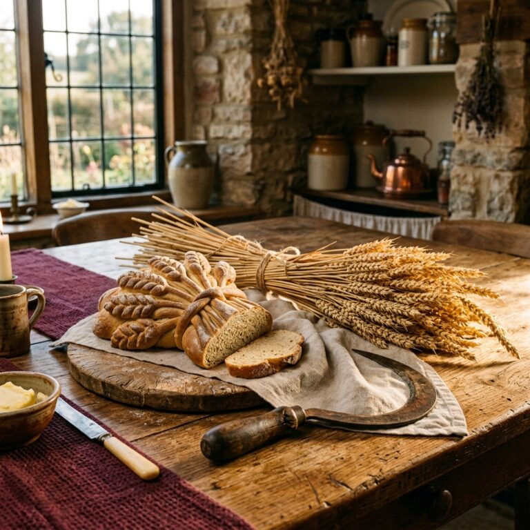 Lammas celebration table in a stone-walled farmhouse kitchen with a sliced wheat-sheaf loaf, a bound sheaf of ripe wheat and an old hand sickle