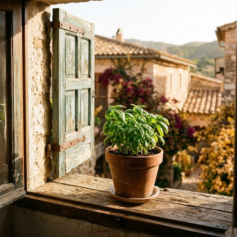Fresh sweet basil in a clay pot on a sunny windowsill, recalling the old Italian custom of basil in witchcraft and courtship