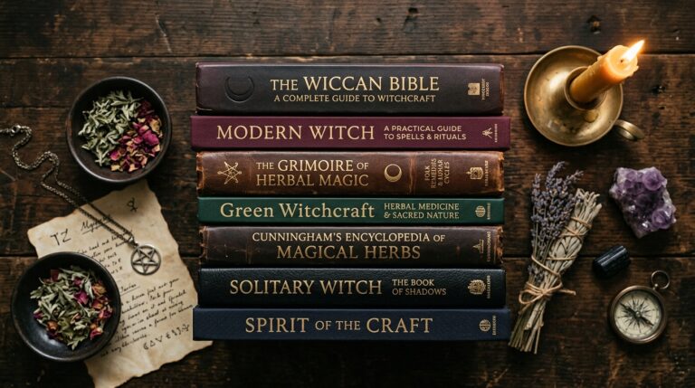 A stack of well-worn Wiccan and witchcraft books on a wooden table with candlelight
