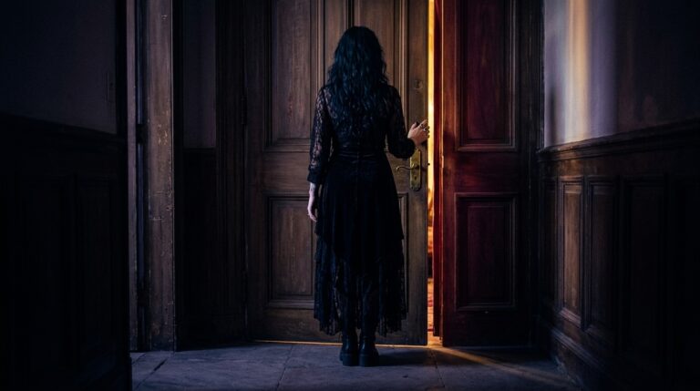 A person's silhouette standing at a slightly open door, hesitating