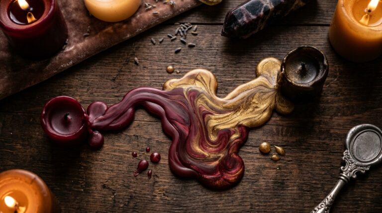 Two paths of candle wax merging toward each other on a dark wooden table