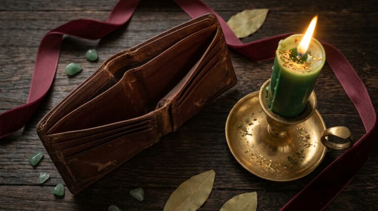 An empty wallet next to a green prosperity candle, contrasting lack and abundance