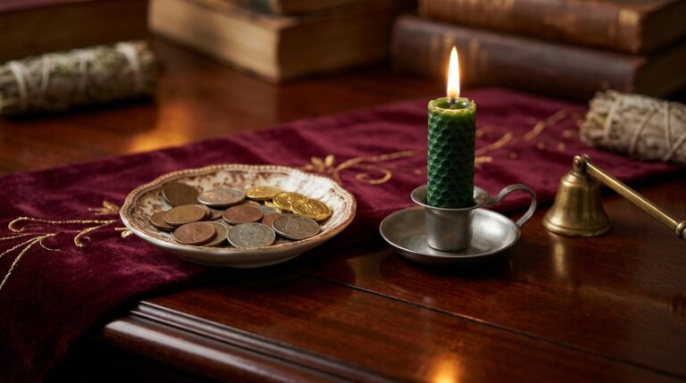 A lit green candle beside a small dish of coins on a polished wooden desk