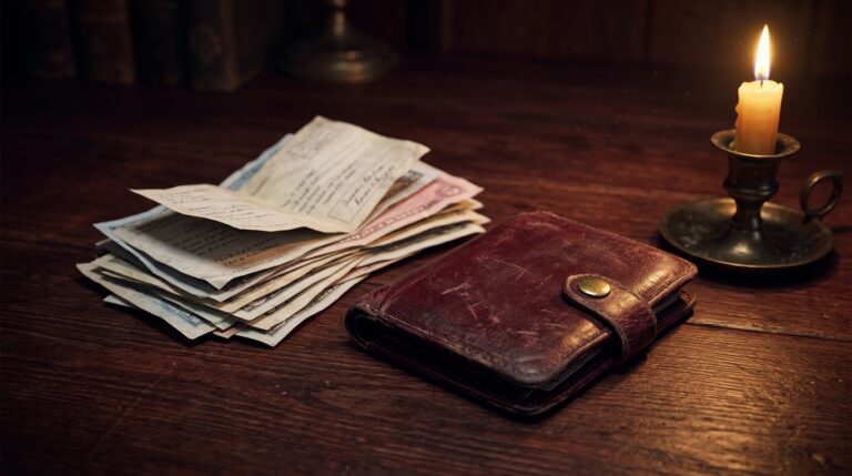 A worn leather wallet and a stack of unpaid bills beside a lit candle