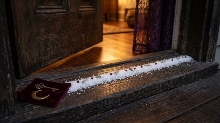 A protective salt line at a doorway threshold with soft light beyond