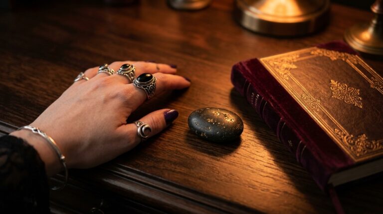A hand resting on a desk beside a small stone and a closed notebook before a meeting