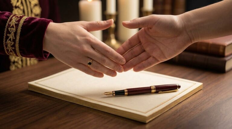 Two hands about to shake over a desk with a contract and pen