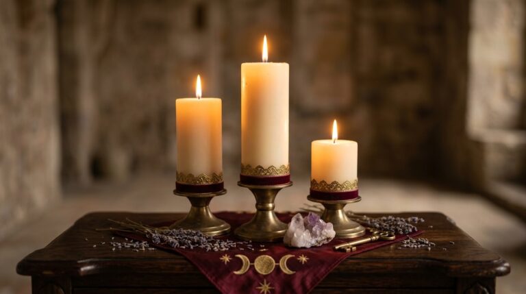 Three lit candles of different heights arranged on a dark altar
