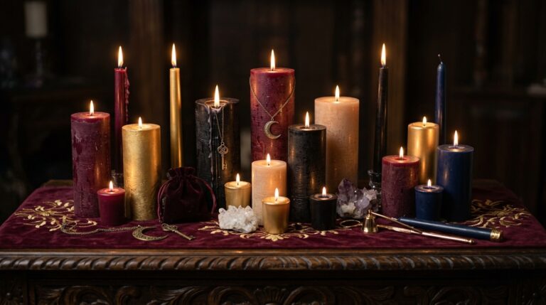 An assortment of colored candles arranged in an irregular, non-uniform pattern