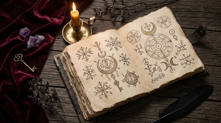 Madame Celestine studying a grimoire by candlelight