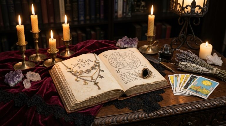 An open occult journal with symbolic diagrams, candles, and cards arranged on a dark wooden table