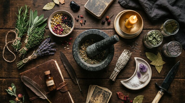 A green witch's altar with fresh herbs, dried botanicals, and a mortar and pestle arranged on a wooden table