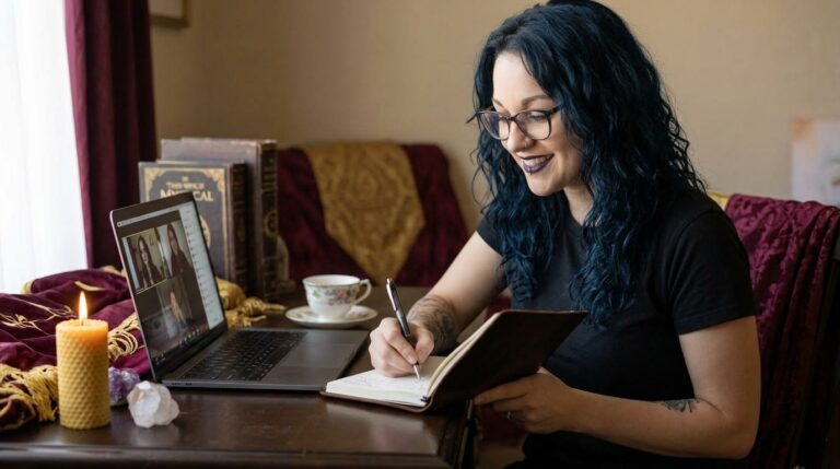 A woman on a video call taking notes at a desk with a candle and notebook nearby