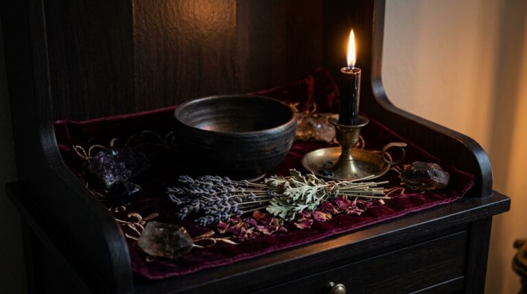 A small dark altar with a single offering bowl, black candle, and dried herbs arranged carefully