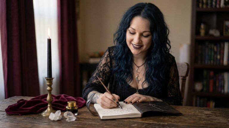 A woman writing a personal vow in a leather journal beside a lit black candle
