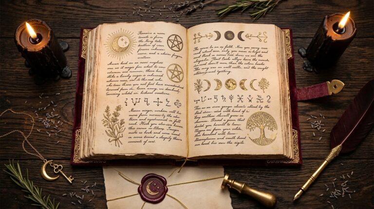 An open antique grimoire with handwritten ritual text on a wooden altar surrounded by candles
