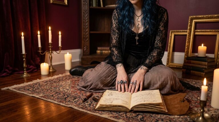 A person sitting cross-legged in candlelight, journal open, in a warm burgundy-toned room