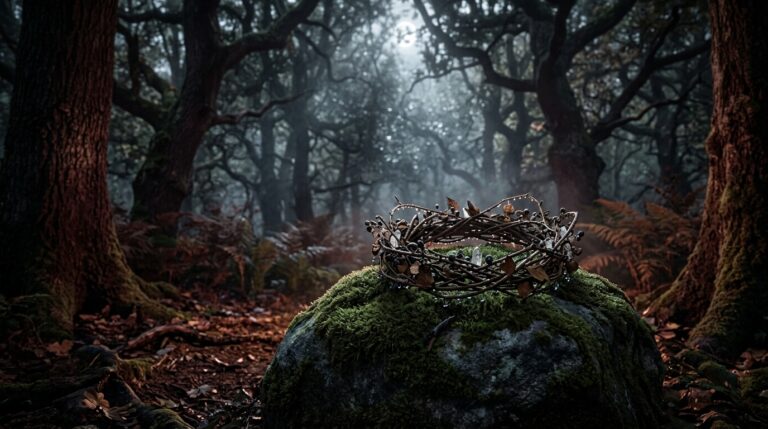 A moonlit forest clearing with a crown of woven branches resting on a stone, evoking the Fairy Queen's realm