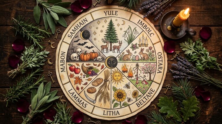 A hand-drawn Wheel of the Year calendar with eight sabbats marked around a circle, laid on a wooden altar