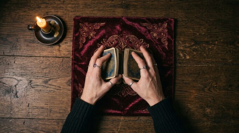 A hand shuffling a deck of tarot cards on a burgundy cloth beside a lit candle