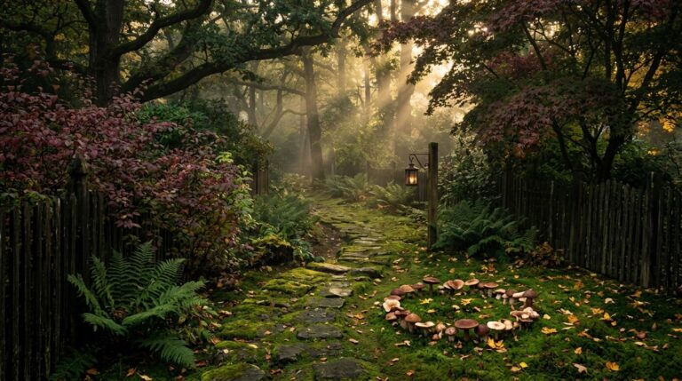 A moss-covered garden path at dusk with a ring of mushrooms and soft golden light filtering through trees