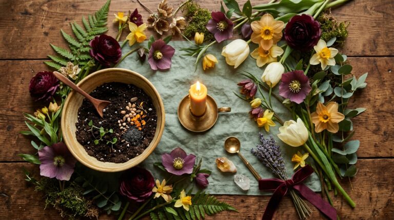 A spring altar with fresh flowers, pastel candles, and eggs arranged on a wooden table