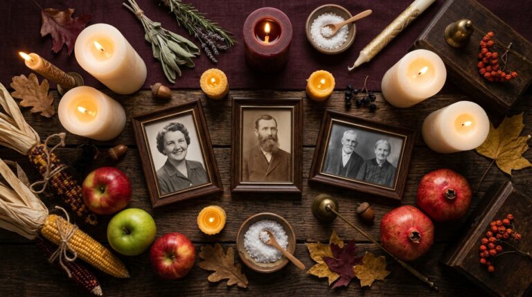 A burgundy-and-gold Samhain ancestor altar set with candles, photos, and harvest offerings, one of several Samhain ritual ideas for honoring the dead