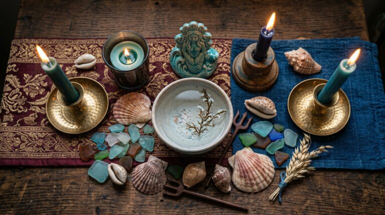 A candlelit altar with shells, blue and sea-green candles, and offerings arranged to honor ocean goddesses