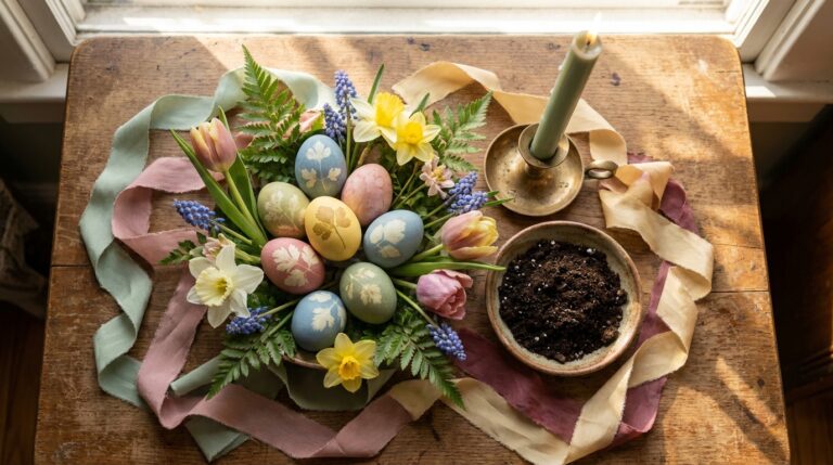 A pastel Ostara altar reflecting classic Ostara traditions, with painted eggs, fresh flowers, and a green candle to mark the spring equinox