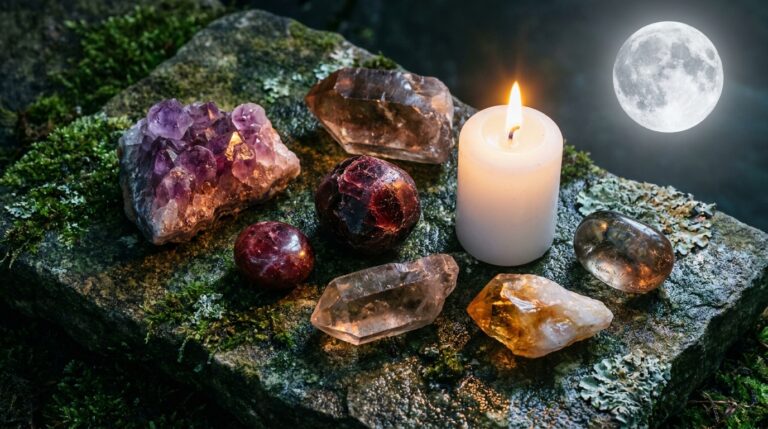 Crystals and a white candle set out under the full moon for a charging ritual