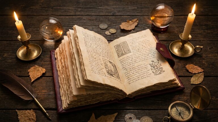 An open history book beside candles and a crystal ball, representing the study of famous witches in history