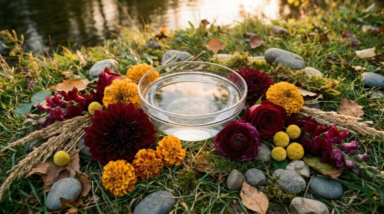 A small offering of flowers and fresh water left at the edge of a river for a water spirit