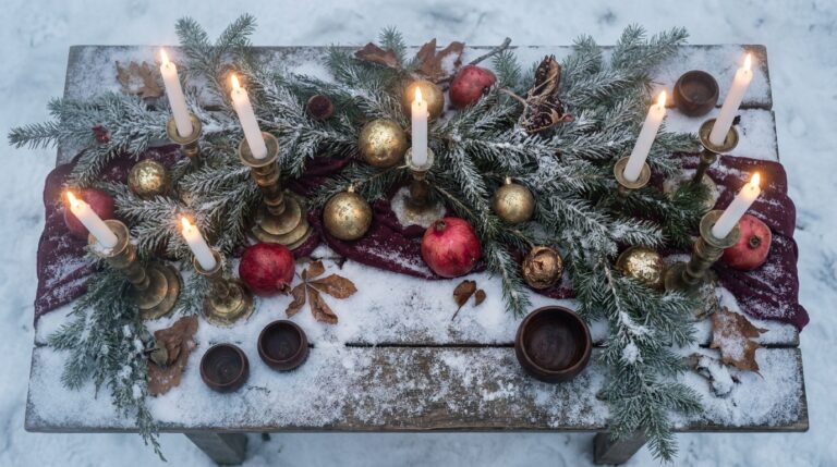 A snow-covered altar with white candles and pine branches honoring winter deities